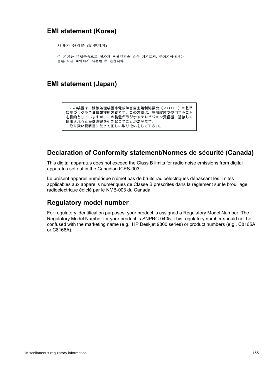 Emi statement (korea), Emi statement (japan), Regulatory model number | HP Deskjet 9800 Printer series User Manual | Page 165 / 172