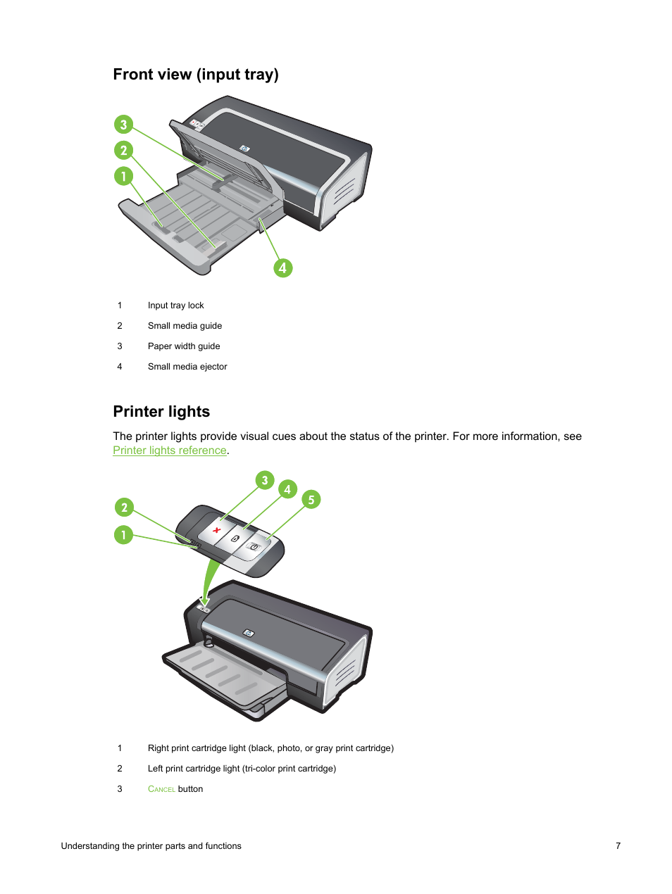 Front view (input tray), Printer lights, Front view (input tray) printer lights | HP Deskjet 9800 Printer series User Manual | Page 17 / 172