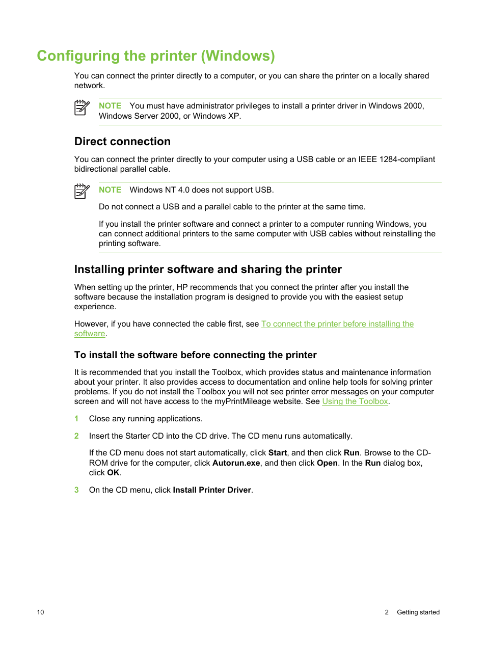 Configuring the printer (windows), Direct connection | HP Deskjet 9800 Printer series User Manual | Page 20 / 172