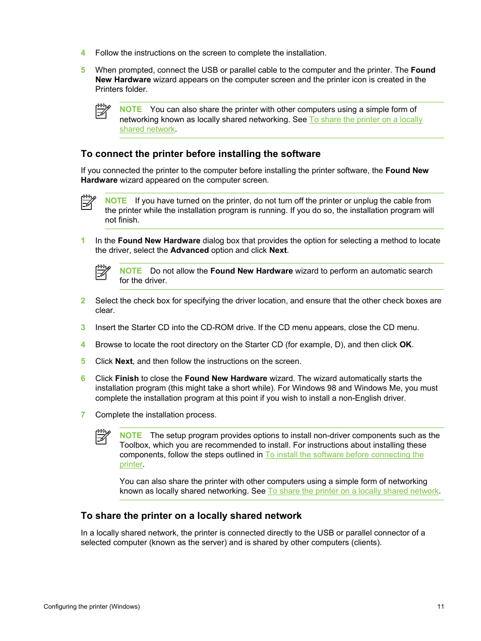 To share the printer on a locally shared network, Connected the cable first, see, To connect the printer before installing the | Software | HP Deskjet 9800 Printer series User Manual | Page 21 / 172