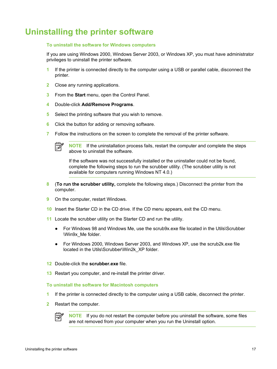 Uninstalling the printer software | HP Deskjet 9800 Printer series User Manual | Page 27 / 172