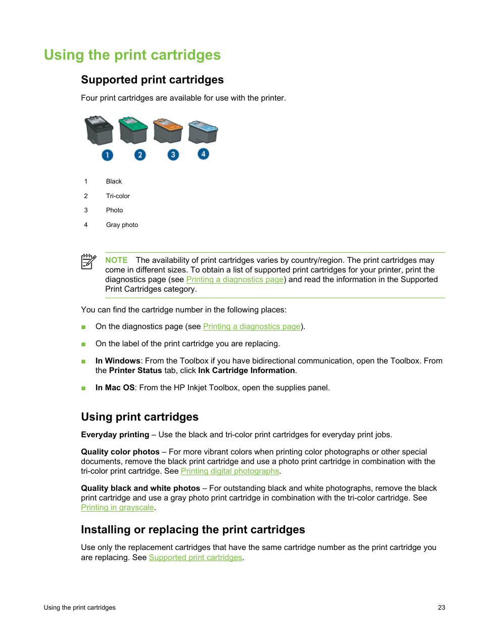 Using the print cartridges, Supported print cartridges, Using print cartridges | Installing or replacing the print cartridges | HP Deskjet 9800 Printer series User Manual | Page 33 / 172