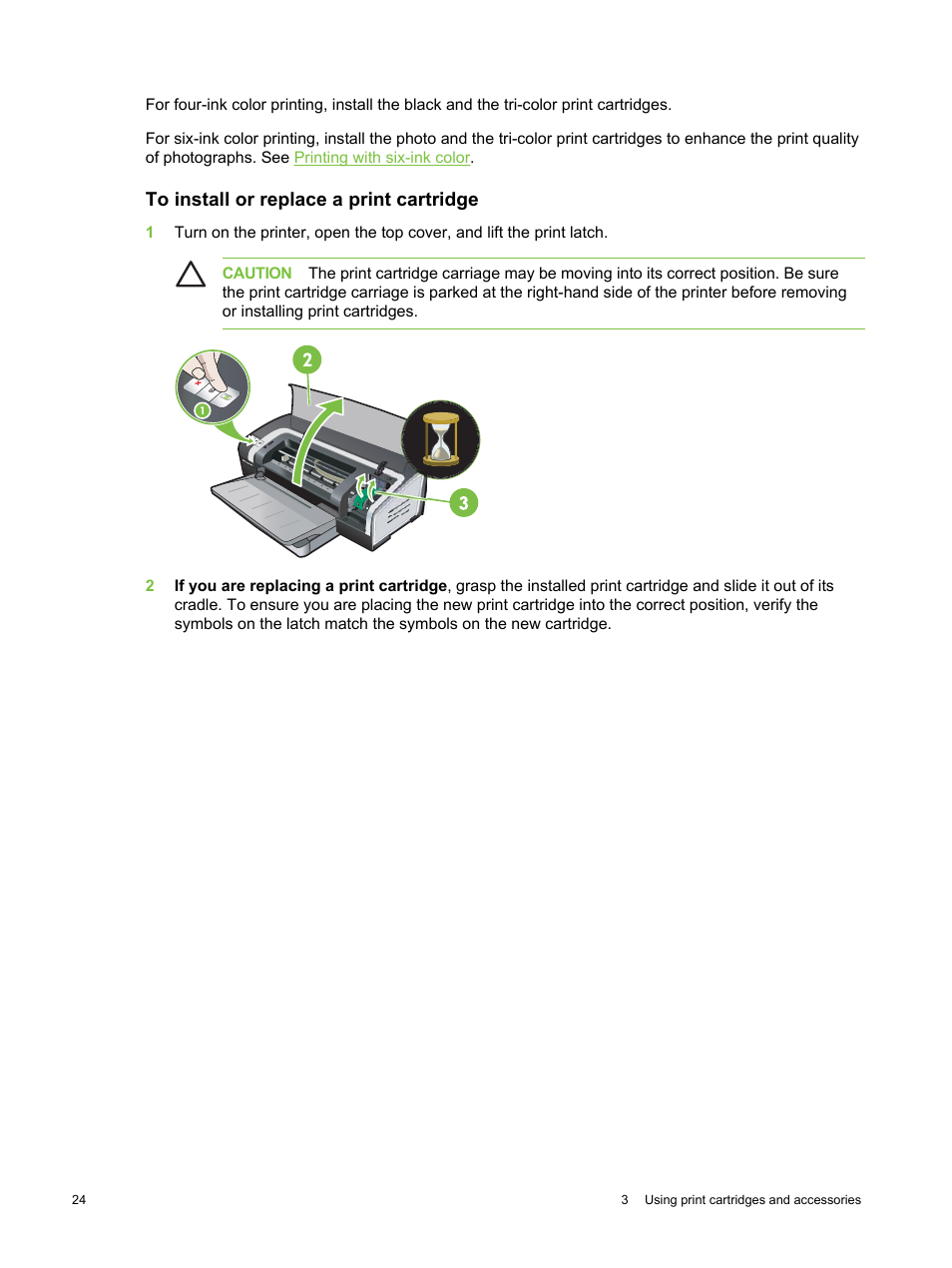 To install or replace a print cartridge | HP Deskjet 9800 Printer series User Manual | Page 34 / 172