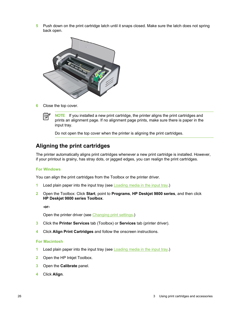 Aligning the print cartridges | HP Deskjet 9800 Printer series User Manual | Page 36 / 172