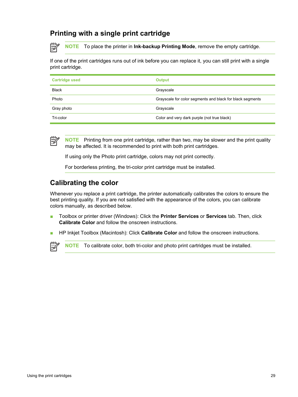 Printing with a single print cartridge, Calibrating the color | HP Deskjet 9800 Printer series User Manual | Page 39 / 172