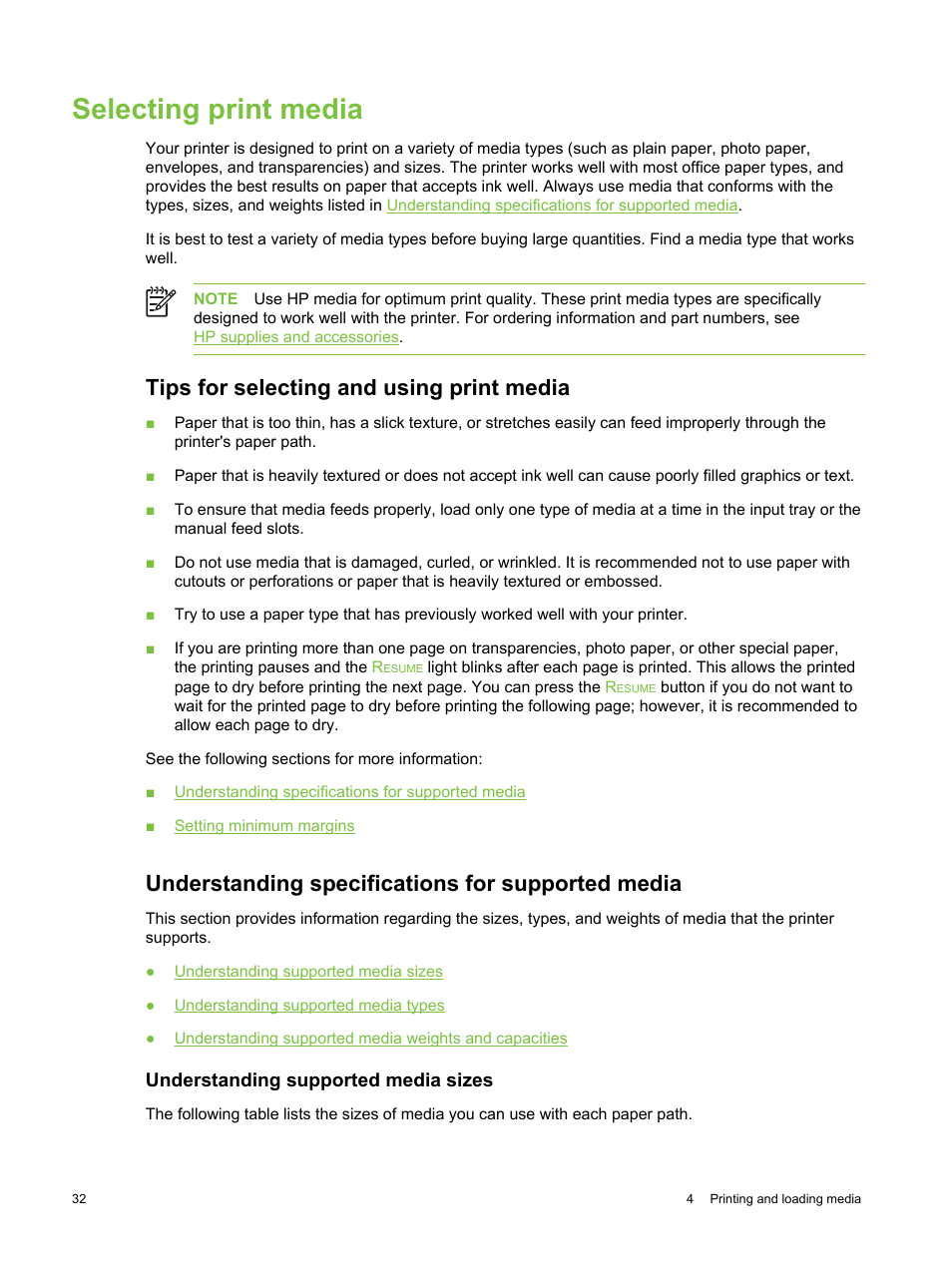 Selecting print media, Tips for selecting and using print media, Understanding specifications for supported media | Understanding supported media sizes | HP Deskjet 9800 Printer series User Manual | Page 42 / 172