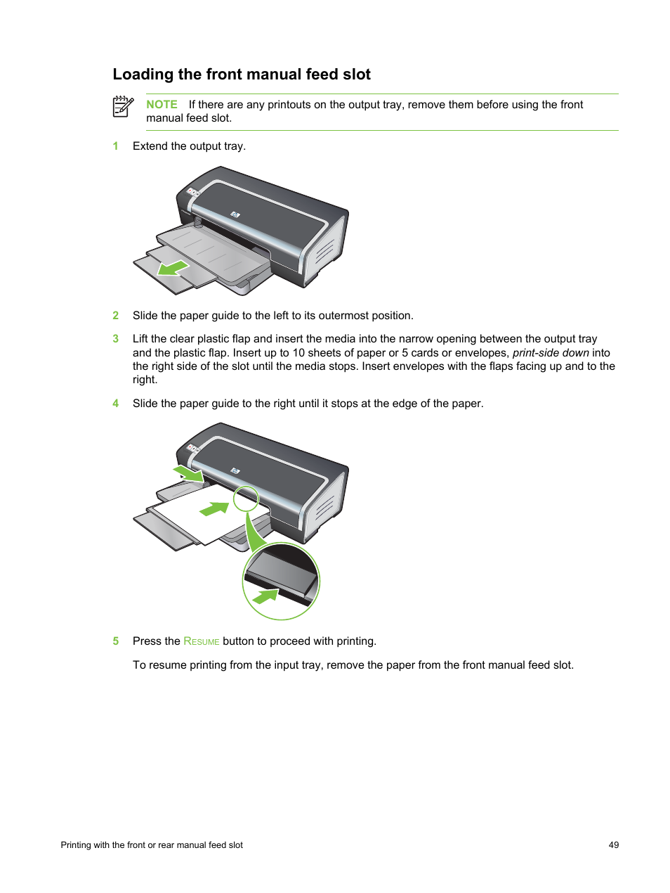 Loading the front manual feed slot | HP Deskjet 9800 Printer series User Manual | Page 59 / 172