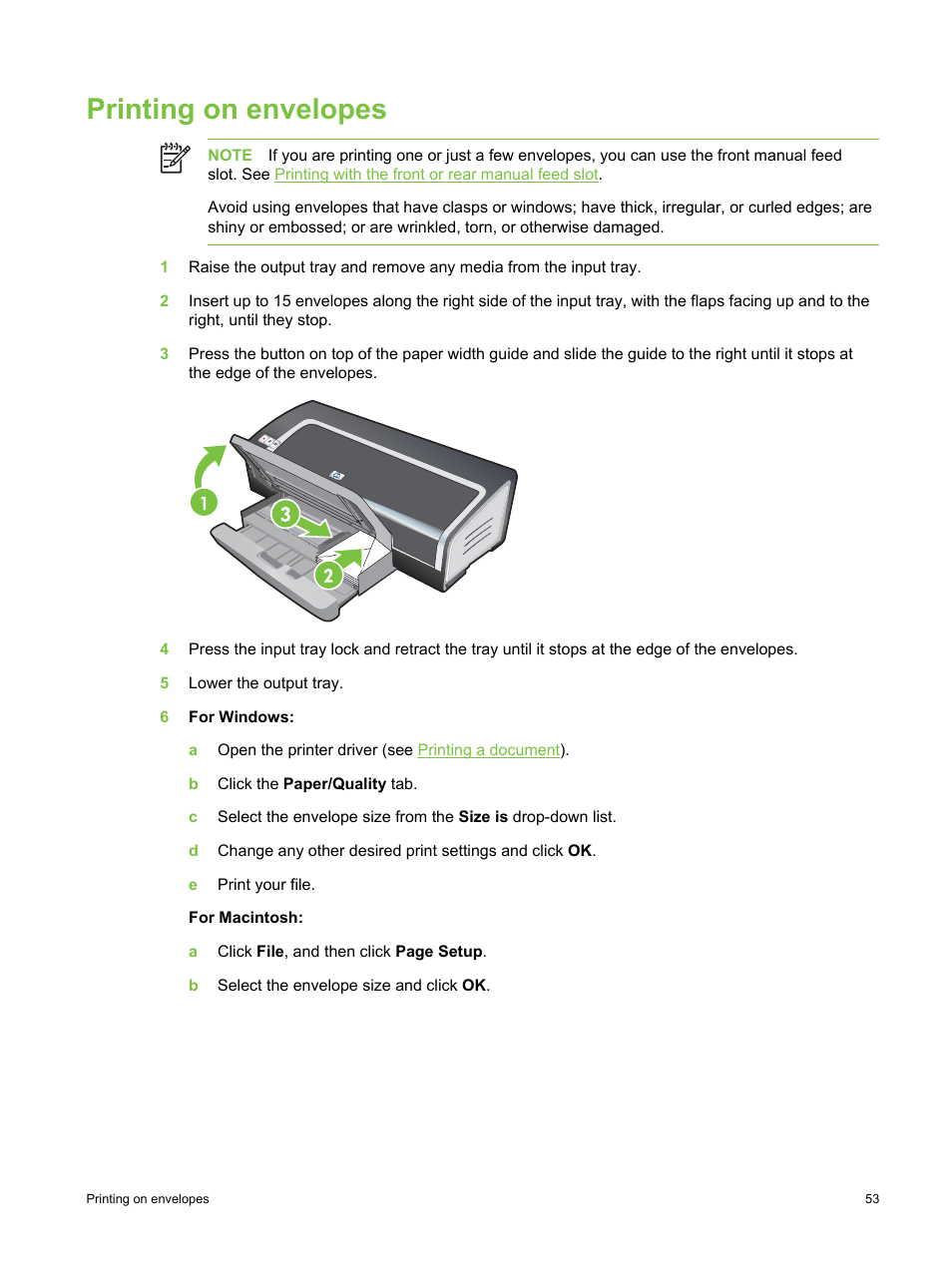 Printing on envelopes | HP Deskjet 9800 Printer series User Manual | Page 63 / 172