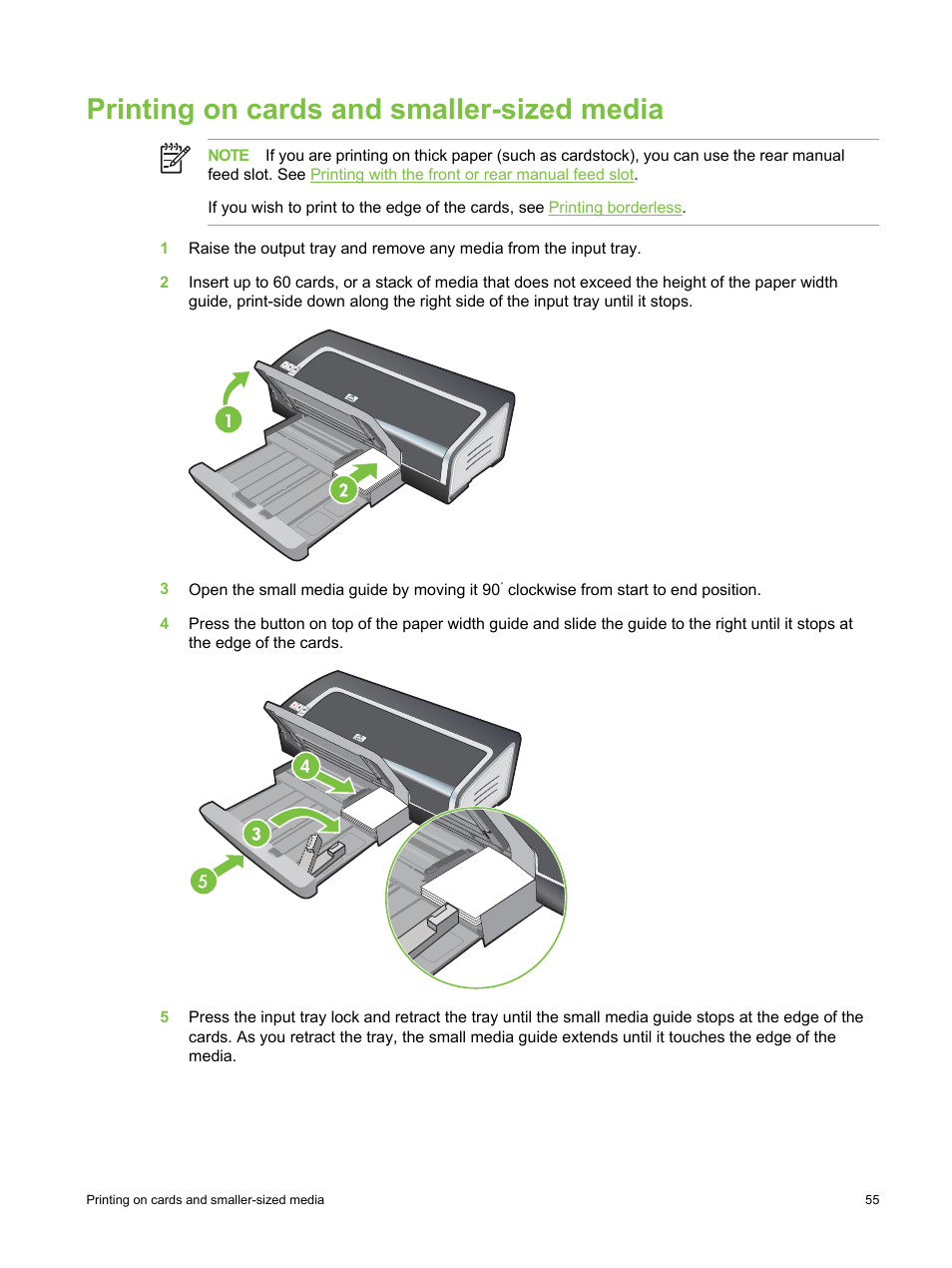 Printing on cards and smaller-sized media, Envelopes, see | HP Deskjet 9800 Printer series User Manual | Page 65 / 172