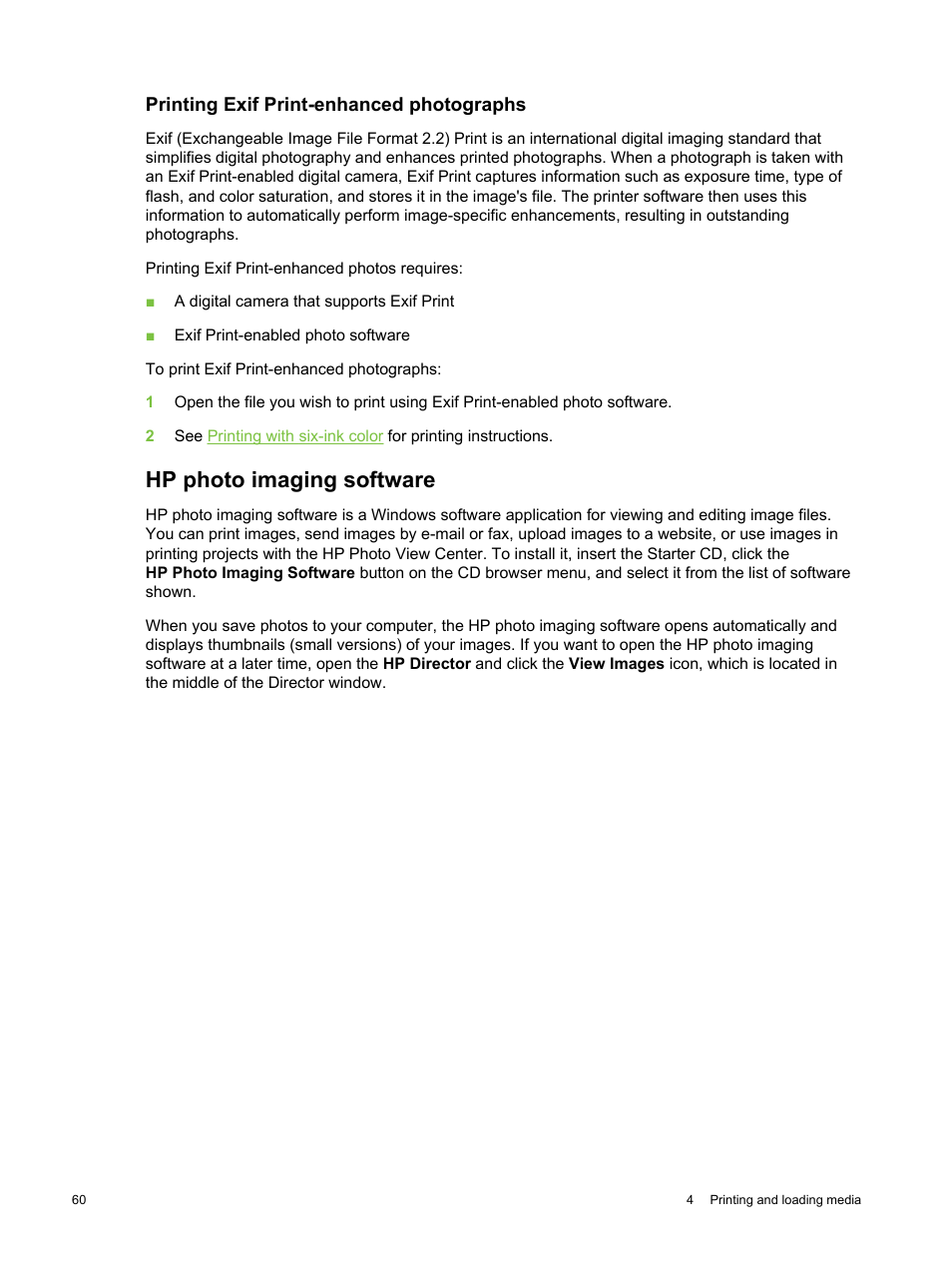 Printing exif print-enhanced photographs, Hp photo imaging software | HP Deskjet 9800 Printer series User Manual | Page 70 / 172