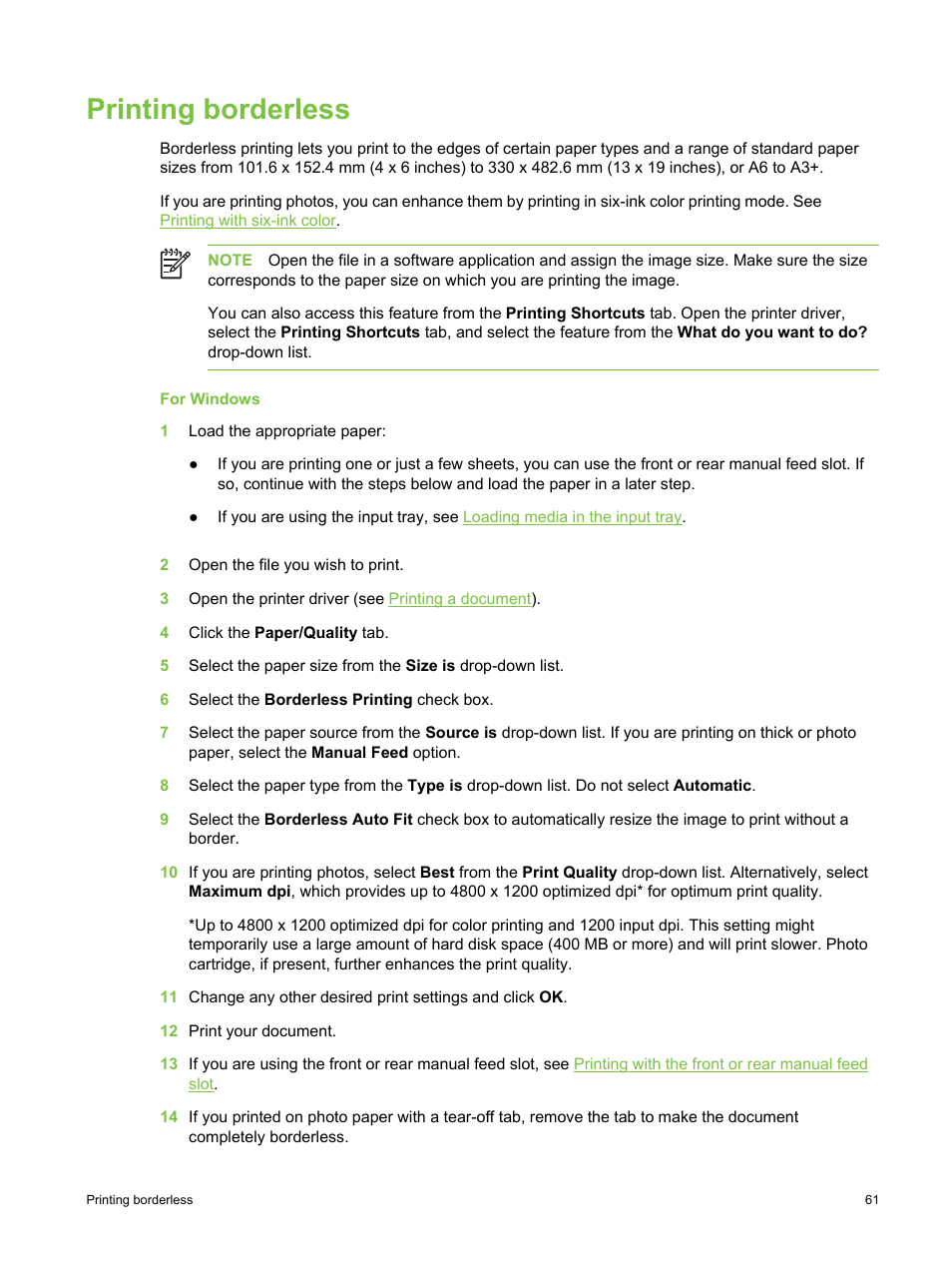 Printing borderless, To print borderless photographs, see | HP Deskjet 9800 Printer series User Manual | Page 71 / 172