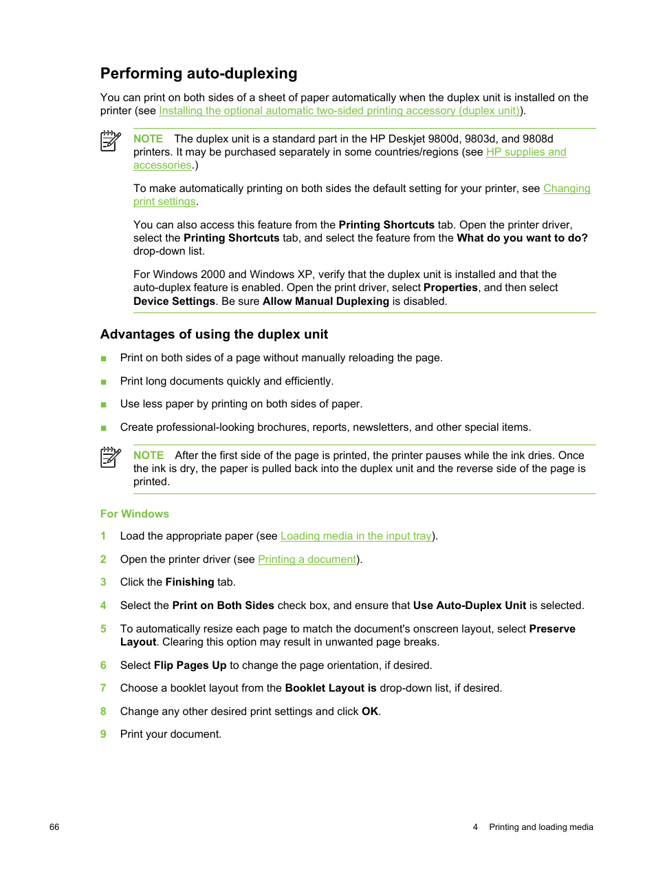 Performing auto-duplexing, Advantages of using the duplex unit | HP Deskjet 9800 Printer series User Manual | Page 76 / 172
