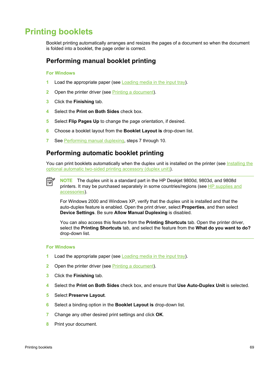 Printing booklets, Performing manual booklet printing, Performing automatic booklet printing | HP Deskjet 9800 Printer series User Manual | Page 79 / 172