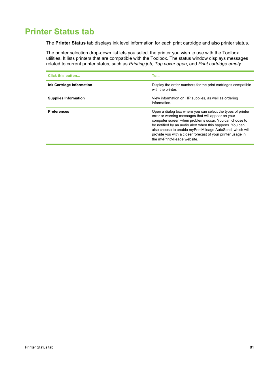 Printer status tab | HP Deskjet 9800 Printer series User Manual | Page 91 / 172