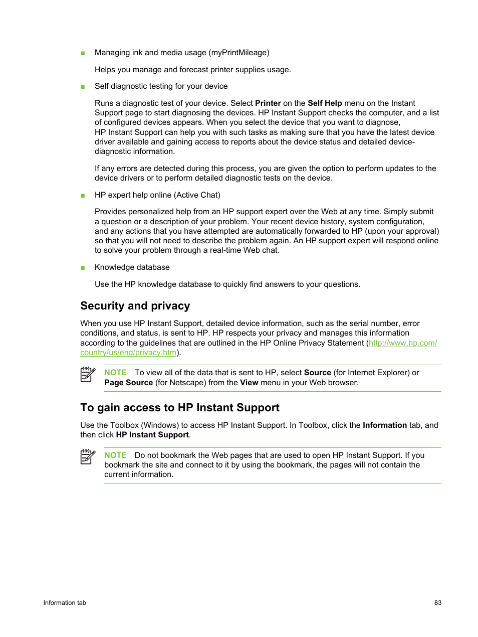 Security and privacy, To gain access to hp instant support | HP Deskjet 9800 Printer series User Manual | Page 93 / 172