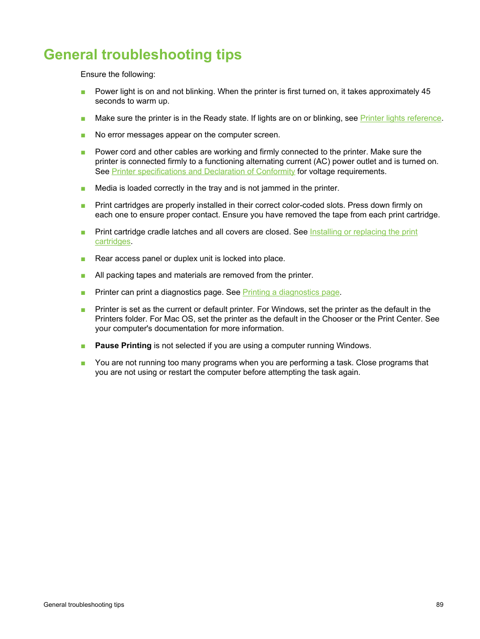 General troubleshooting tips | HP Deskjet 9800 Printer series User Manual | Page 99 / 172