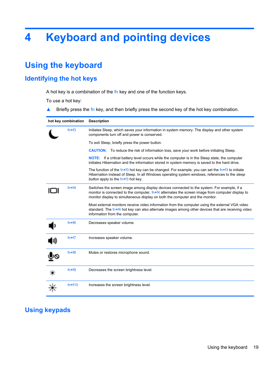 Keyboard and pointing devices, Using the keyboard, Identifying the hot keys | Using keypads, 4 keyboard and pointing devices, Identifying the hot keys using keypads, 4keyboard and pointing devices | HP ProBook 445 G1 Notebook PC User Manual | Page 29 / 98