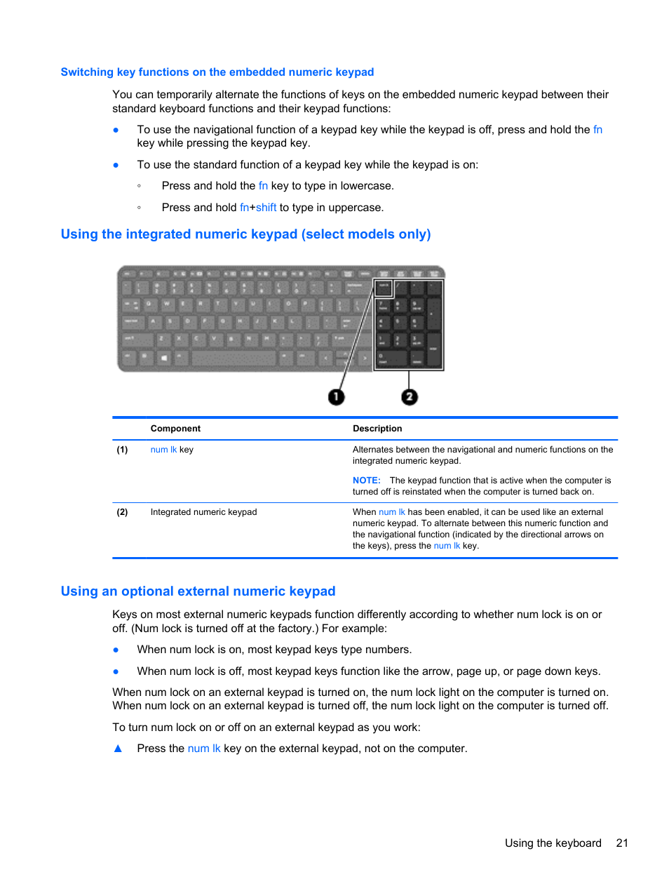 Using an optional external numeric keypad | HP ProBook 445 G1 Notebook PC User Manual | Page 31 / 98