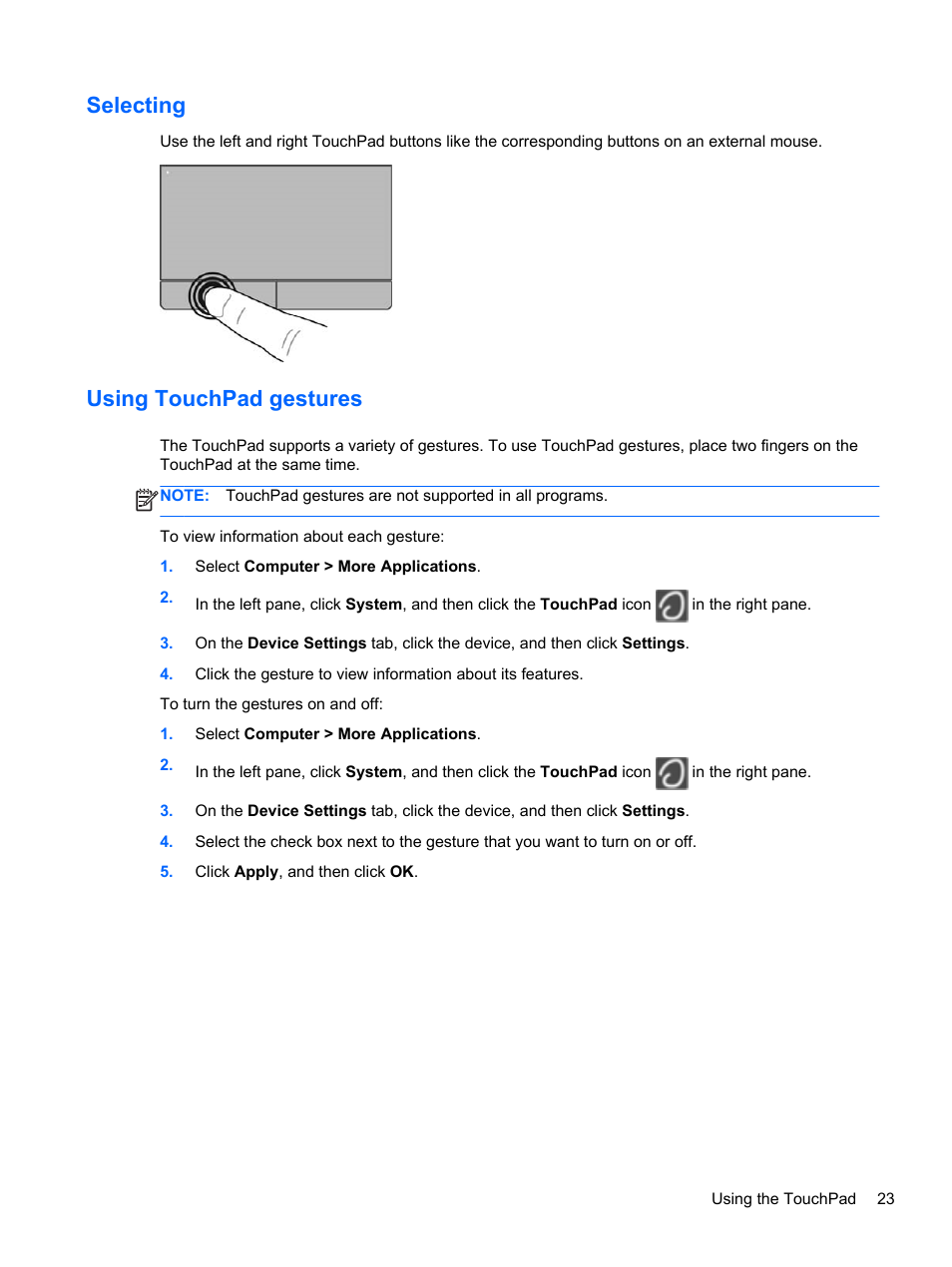 Selecting, Using touchpad gestures, Selecting using touchpad gestures | HP ProBook 445 G1 Notebook PC User Manual | Page 33 / 98