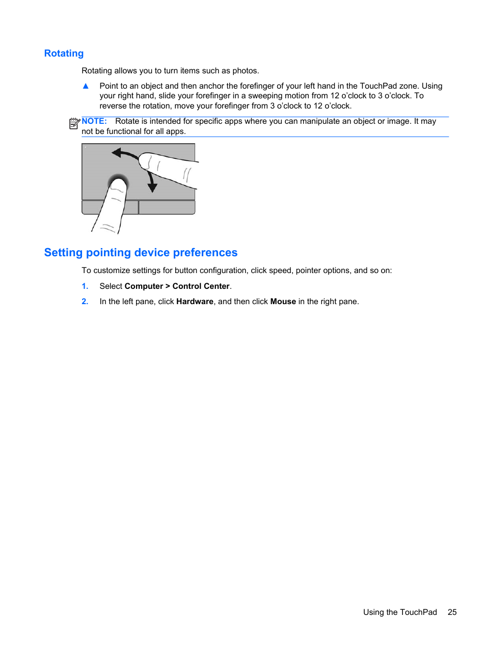 Rotating, Setting pointing device preferences | HP ProBook 445 G1 Notebook PC User Manual | Page 35 / 98