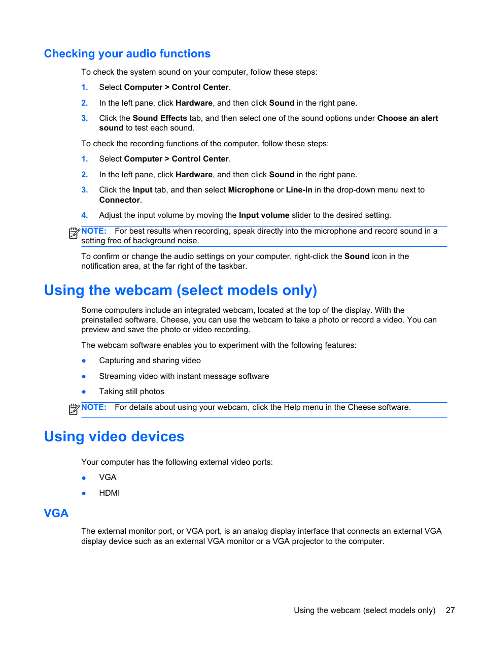 Checking your audio functions, Using the webcam (select models only), Using video devices | HP ProBook 445 G1 Notebook PC User Manual | Page 37 / 98