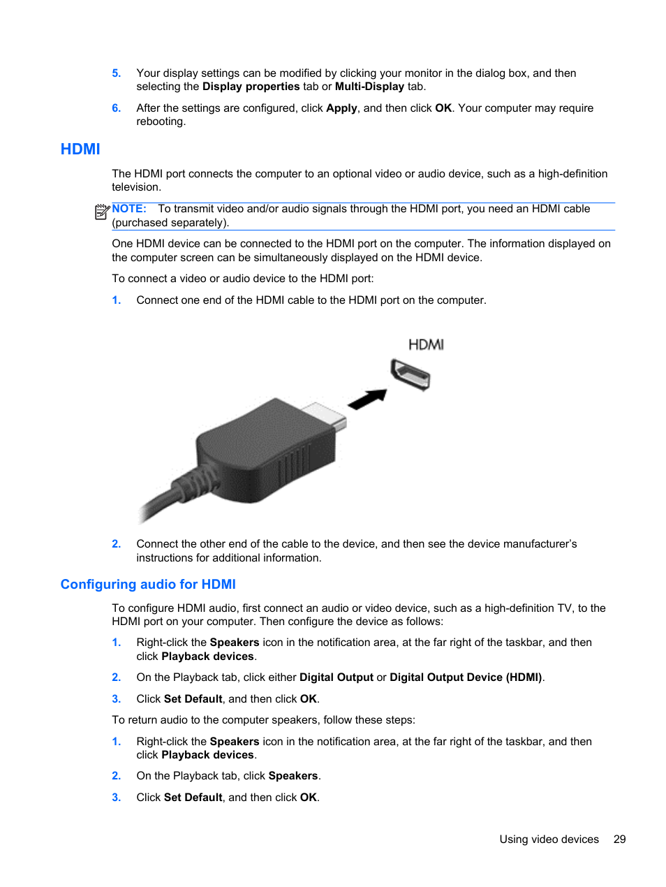 Hdmi, Configuring audio for hdmi | HP ProBook 445 G1 Notebook PC User Manual | Page 39 / 98