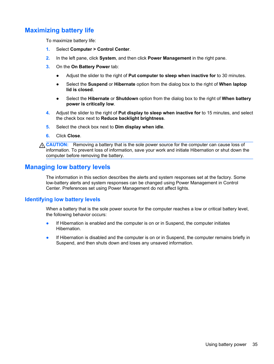 Maximizing battery life, Managing low battery levels, Identifying low battery levels | HP ProBook 445 G1 Notebook PC User Manual | Page 45 / 98