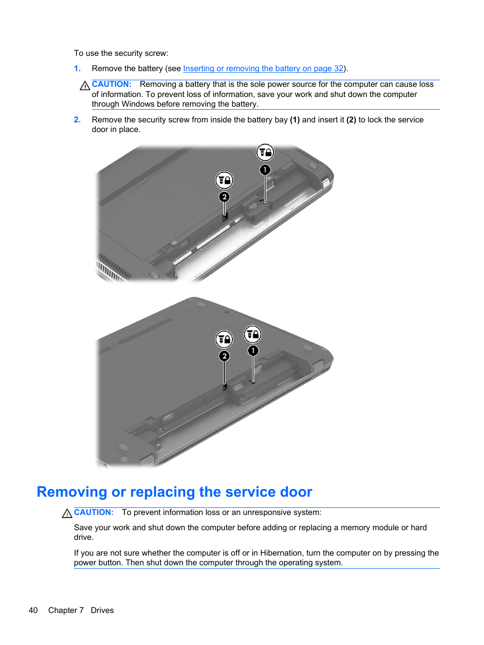 Removing or replacing the service door | HP ProBook 445 G1 Notebook PC User Manual | Page 50 / 98