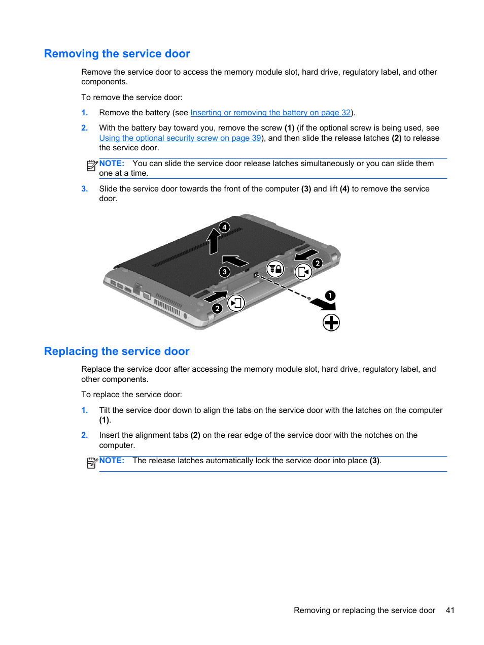 Removing the service door, Replacing the service door | HP ProBook 445 G1 Notebook PC User Manual | Page 51 / 98