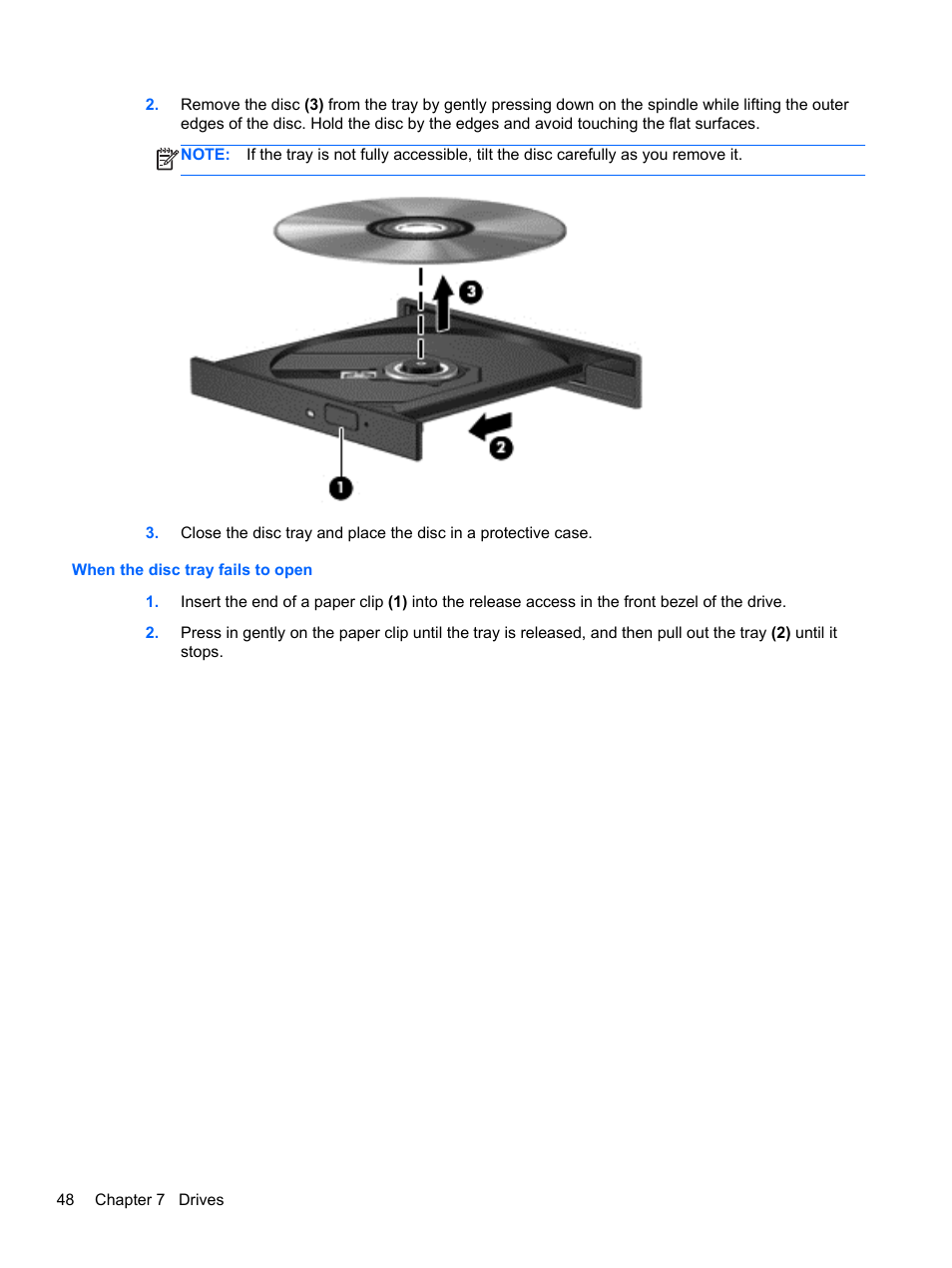 When the disc tray fails to open | HP ProBook 445 G1 Notebook PC User Manual | Page 58 / 98