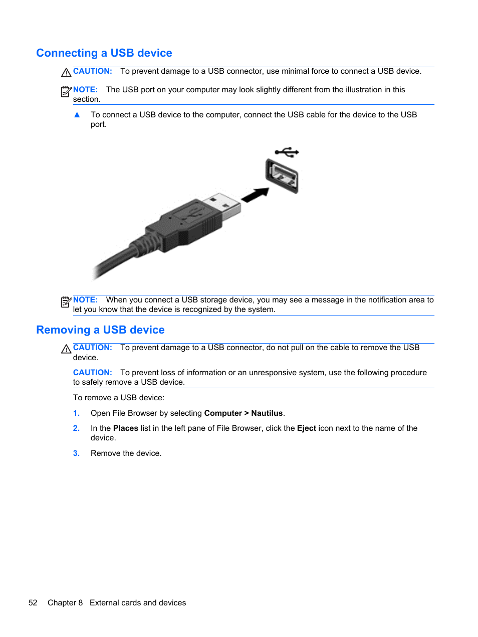Connecting a usb device, Removing a usb device, Connecting a usb device removing a usb device | HP ProBook 445 G1 Notebook PC User Manual | Page 62 / 98