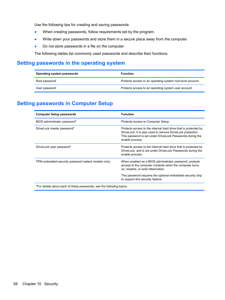 Setting passwords in the operating system, Setting passwords in computer setup | HP ProBook 445 G1 Notebook PC User Manual | Page 68 / 98