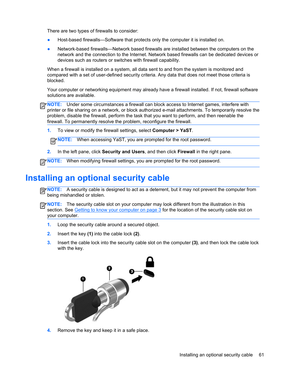 Installing an optional security cable | HP ProBook 445 G1 Notebook PC User Manual | Page 71 / 98