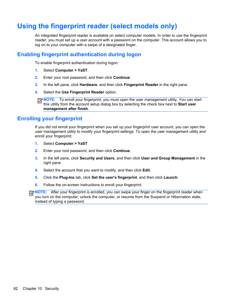 Using the fingerprint reader (select models only), Enabling fingerprint authentication during logon, Enrolling your fingerprint | HP ProBook 445 G1 Notebook PC User Manual | Page 72 / 98