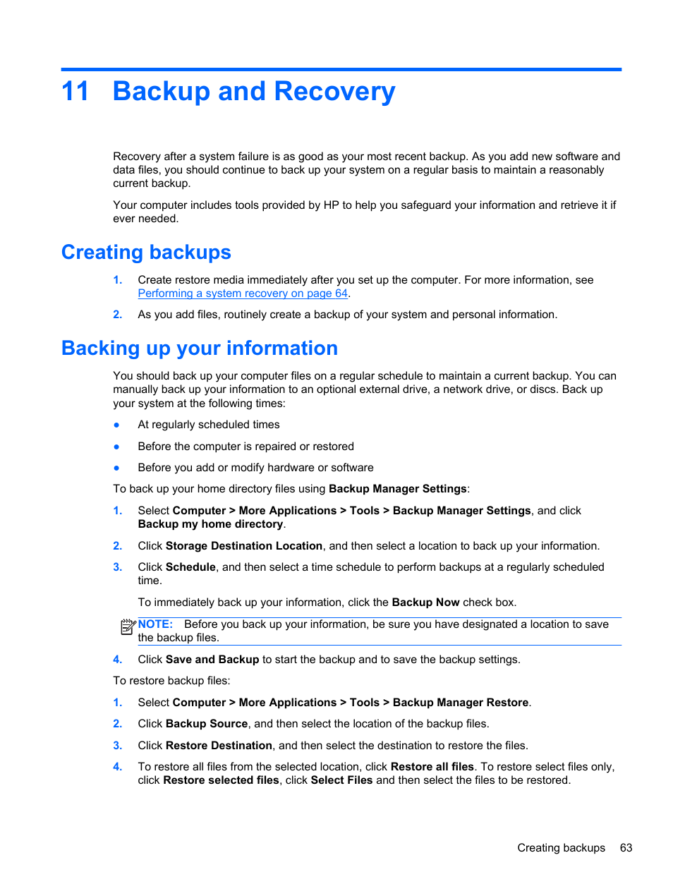 Backup and recovery, Creating backups, Backing up your information | 11 backup and recovery, Creating backups backing up your information | HP ProBook 445 G1 Notebook PC User Manual | Page 73 / 98