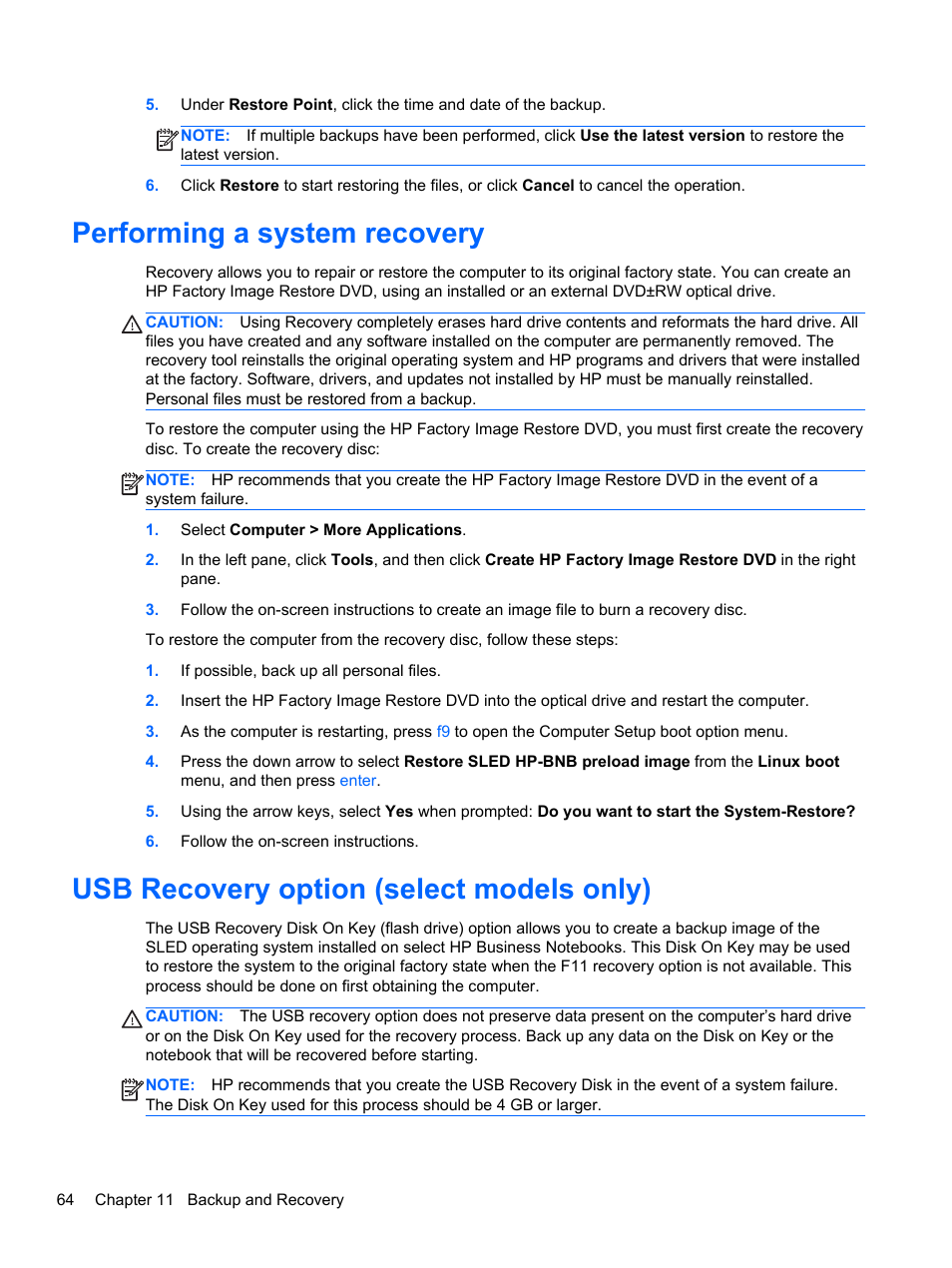 Performing a system recovery, Usb recovery option (select models only) | HP ProBook 445 G1 Notebook PC User Manual | Page 74 / 98