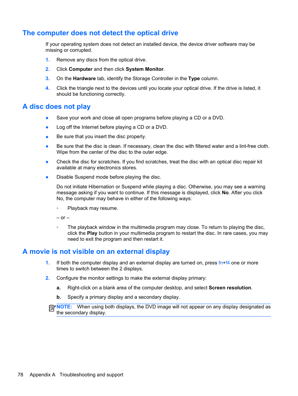 The computer does not detect the optical drive, A disc does not play, A movie is not visible on an external display | HP ProBook 445 G1 Notebook PC User Manual | Page 88 / 98