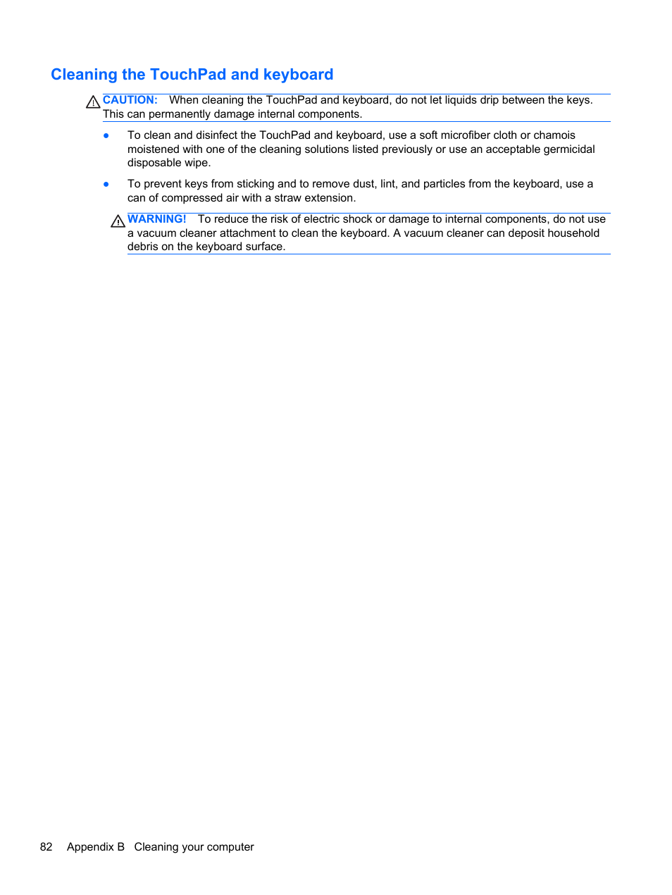 Cleaning the touchpad and keyboard | HP ProBook 445 G1 Notebook PC User Manual | Page 92 / 98