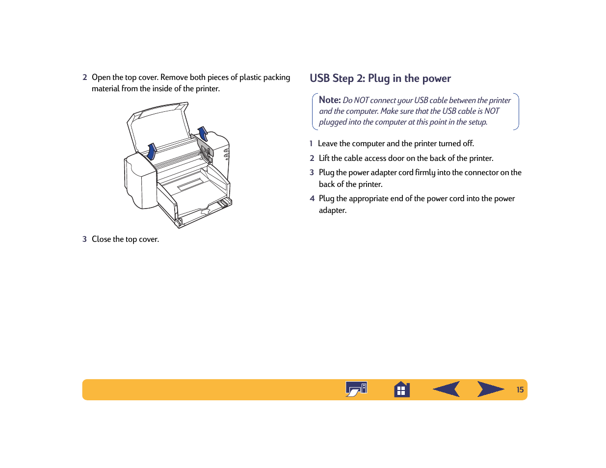 Usb step 2: plug in the power | HP Deskjet 842c Printer User Manual | Page 15 / 74