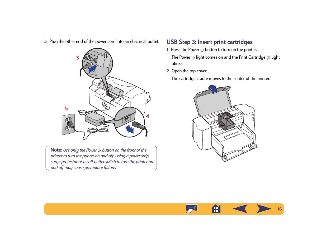 Usb step 3: insert print cartridges | HP Deskjet 842c Printer User Manual | Page 16 / 74