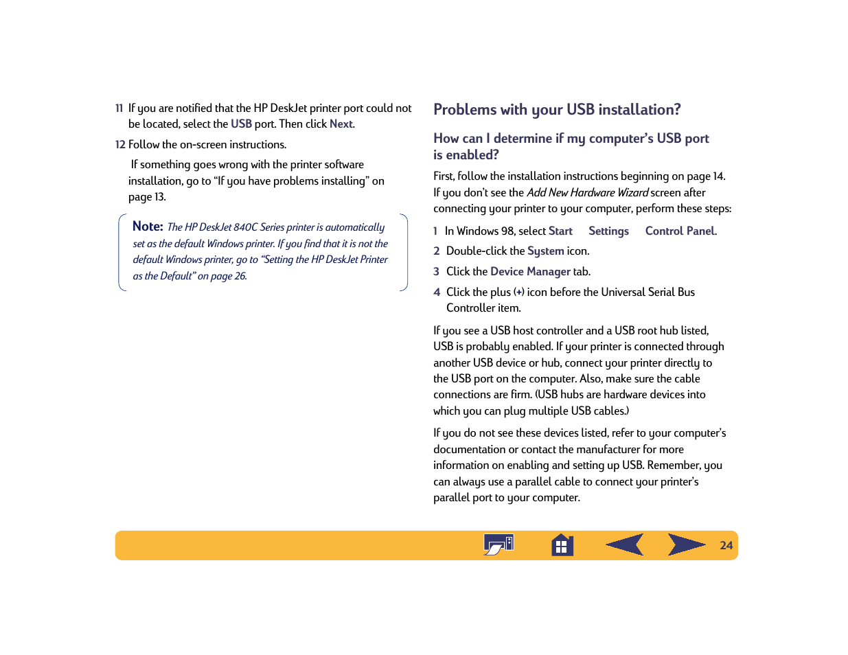 Problems with your usb installation | HP Deskjet 842c Printer User Manual | Page 24 / 74