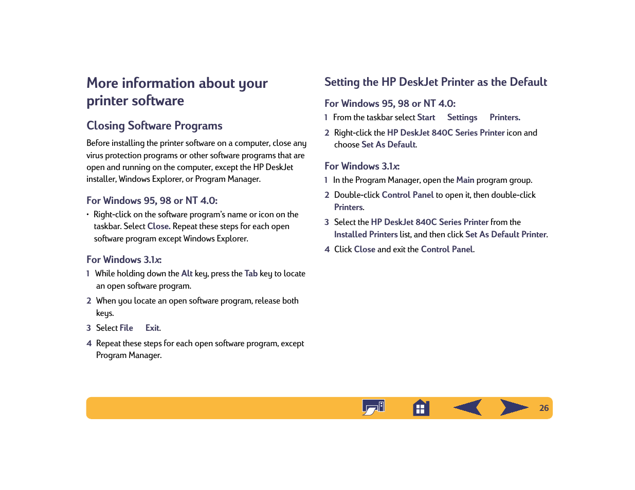 More information about your printer software, Closing software programs, Setting the hp deskjet printer as the default | HP Deskjet 842c Printer User Manual | Page 26 / 74