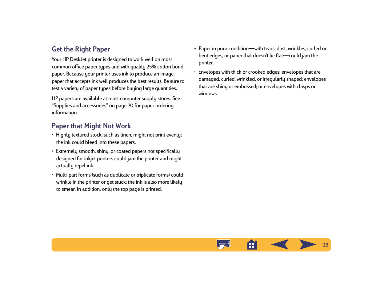 Get the right paper, Paper that might not work | HP Deskjet 842c Printer User Manual | Page 29 / 74