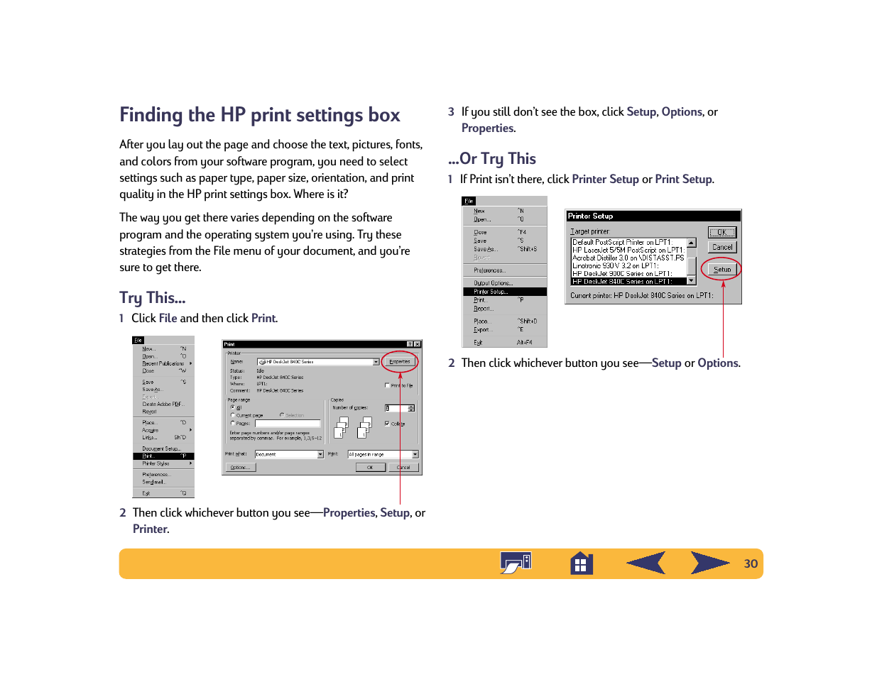 Finding the hp print settings box, Try this, Or try this | HP Deskjet 842c Printer User Manual | Page 30 / 74