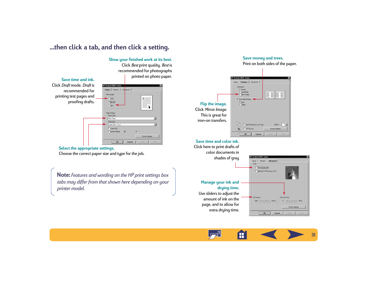 Then click a tab, and then click a setting | HP Deskjet 842c Printer User Manual | Page 31 / 74