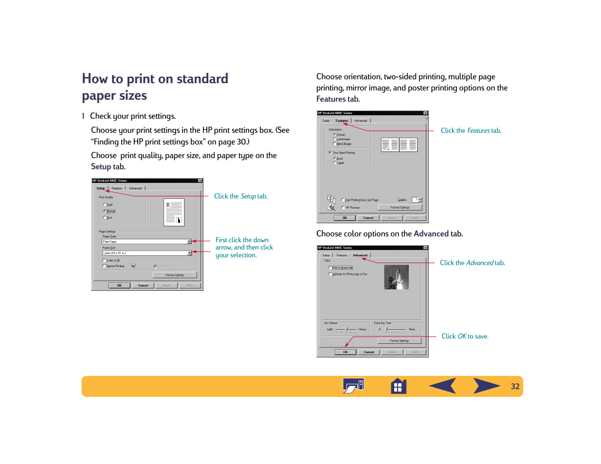 How to print on standard paper sizes | HP Deskjet 842c Printer User Manual | Page 32 / 74