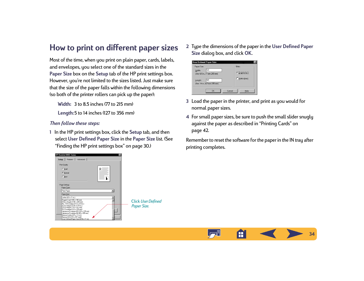 How to print on different paper sizes | HP Deskjet 842c Printer User Manual | Page 34 / 74