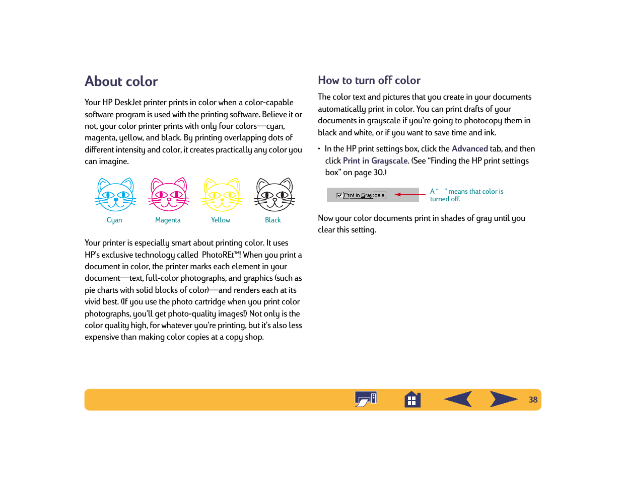 About color, How to turn off color | HP Deskjet 842c Printer User Manual | Page 38 / 74