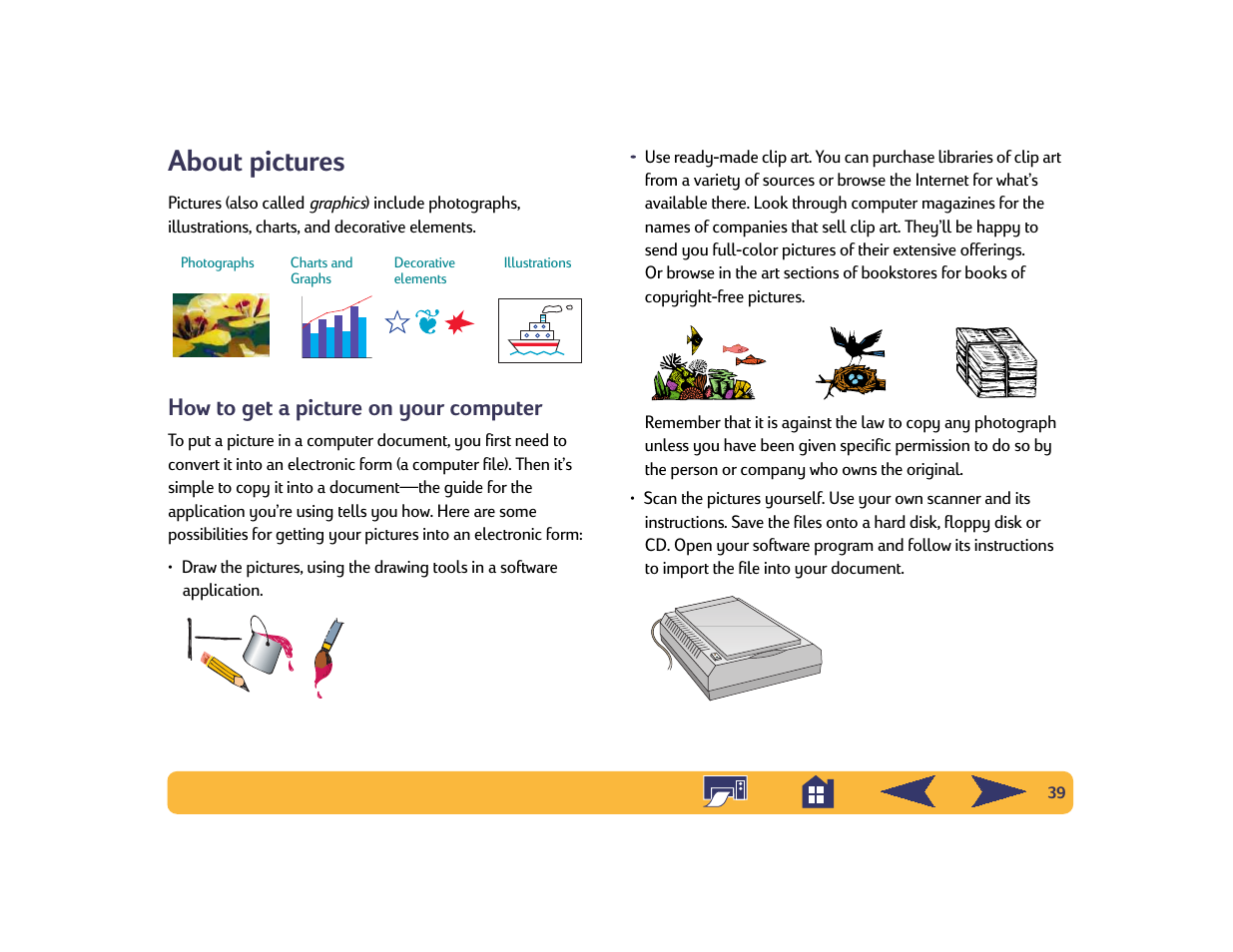 About pictures, How to get a picture on your computer | HP Deskjet 842c Printer User Manual | Page 39 / 74
