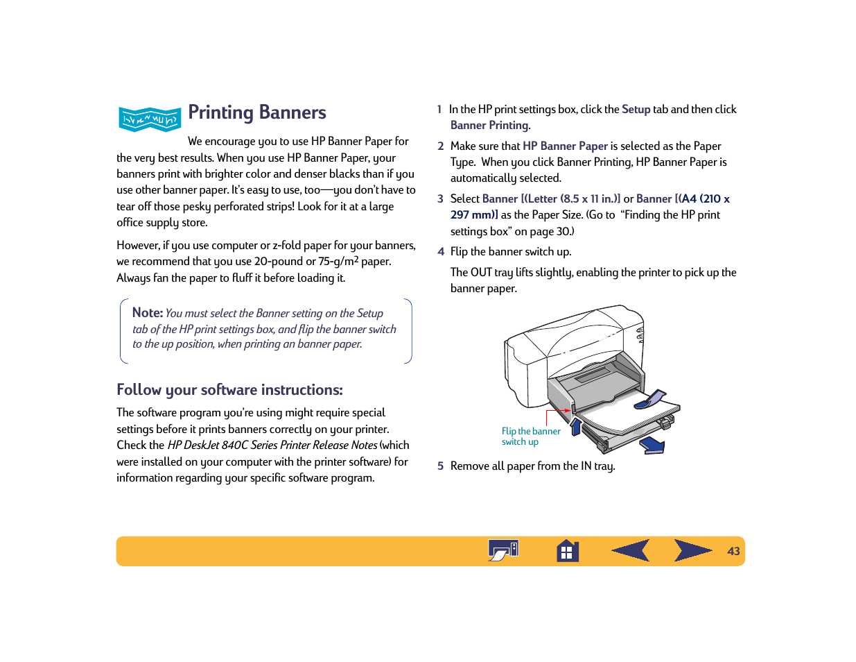 Printing banners, Follow your software instructions | HP Deskjet 842c Printer User Manual | Page 43 / 74